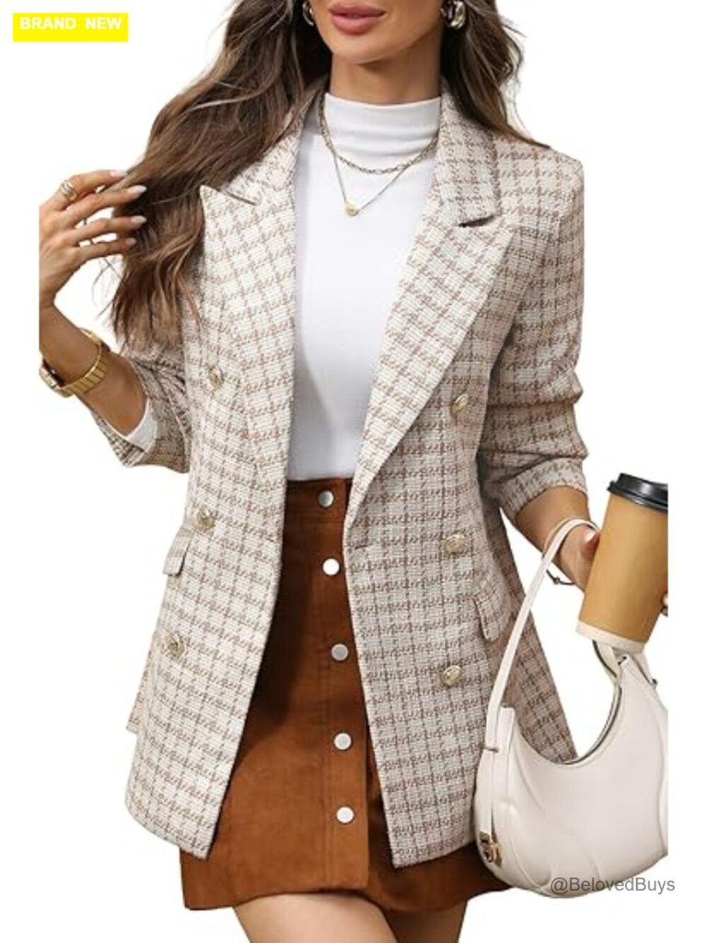 Oversized Plaid Tweed Blazer Double-Breasted Boyfriend Style Casual Jacket